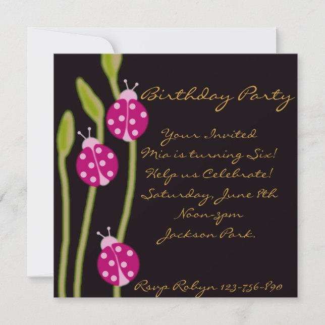 Pink Black & Green ladybug Invitation d'anniversai (Devant)