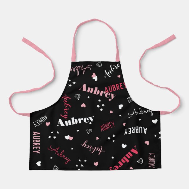 Pink Black Hearts Stars Diamanten Name Schürze (Vorderseite)