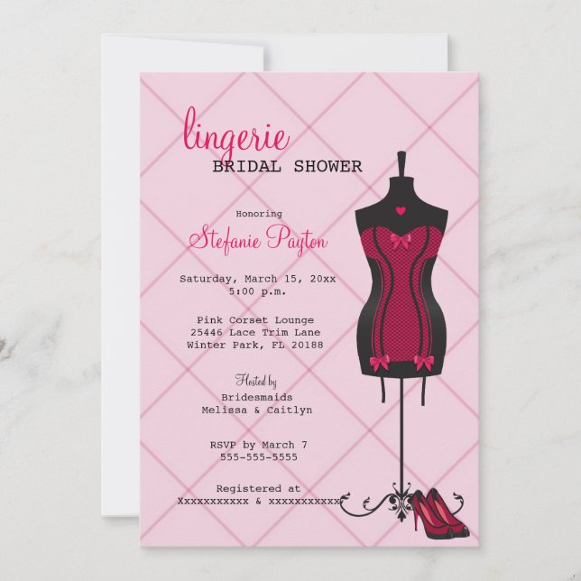 Pink & Black Lace Corset Lingerie Brautparty Einladung (Vorderseite)