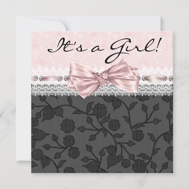 Pink Black Lace Pink Black Baby Girl Dusche Einladung (Vorderseite)
