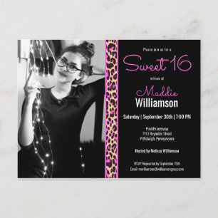 Pink & Black Leopard Foto Sweet 16 Einladung Postkarte