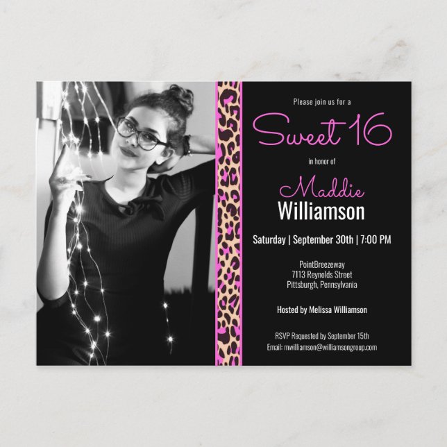Pink & Black Leopard Foto Sweet 16 Einladung Postkarte (Vorderseite)