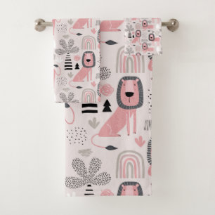 Pink Black Lions Boho Rainbows Modern Badhandtuch Set