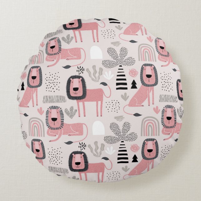 Pink Black Lions Boho Rainbows Modern Rundes Kissen (Vorderseite)