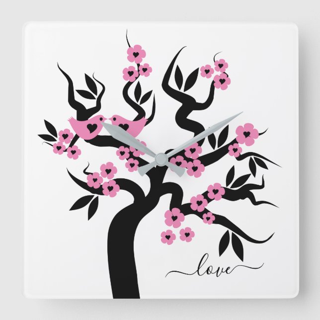 Pink, black Love birds cherry tree & blossoms Quadratische Wanduhr (Vorderseite)