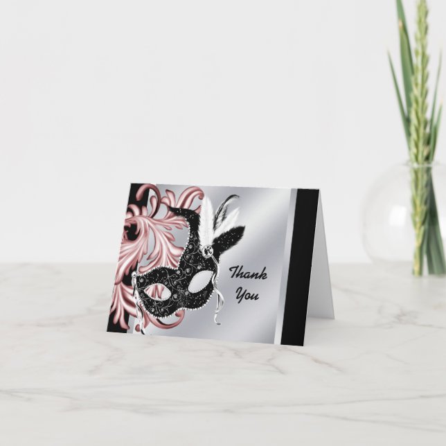 Pink Black Masquerade Party Merci Cartes (Devant)