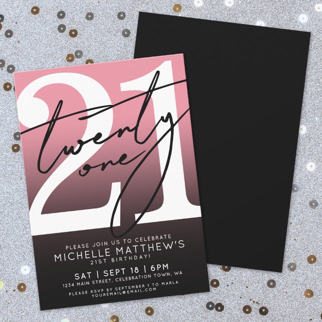 Pink Black Modern 21. Geburtstag Einladung (Pink Black Modern 21st Birthday Invitation)