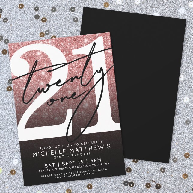 Pink Black Modern Glitzer 21. Geburtstag Einladung (Pink Black Modern Glitter 21st Birthday Invitation )