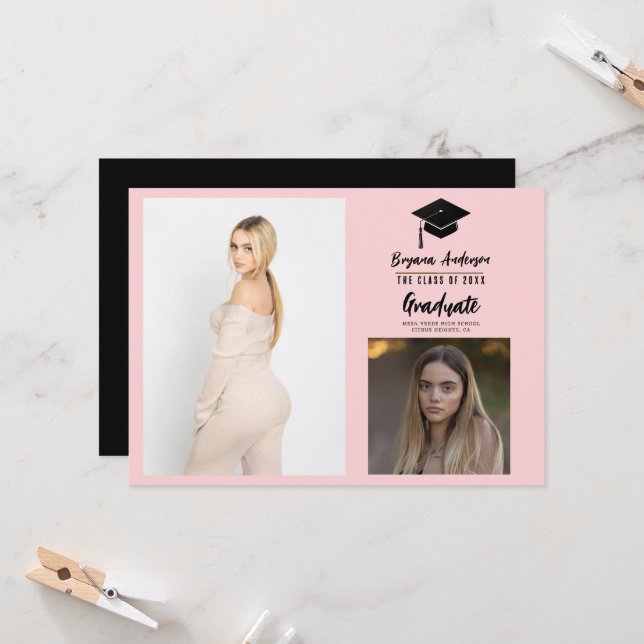 Pink Black Modern Graduation 2 Faire-part photo (Devant/Arrière en situation)
