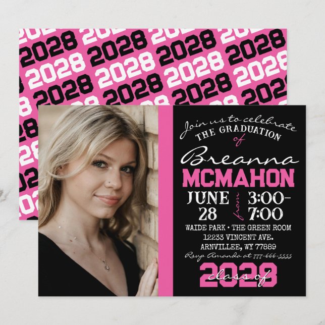 Pink & Black Modern Graduation Photo Invitation (Devant / Derrière)