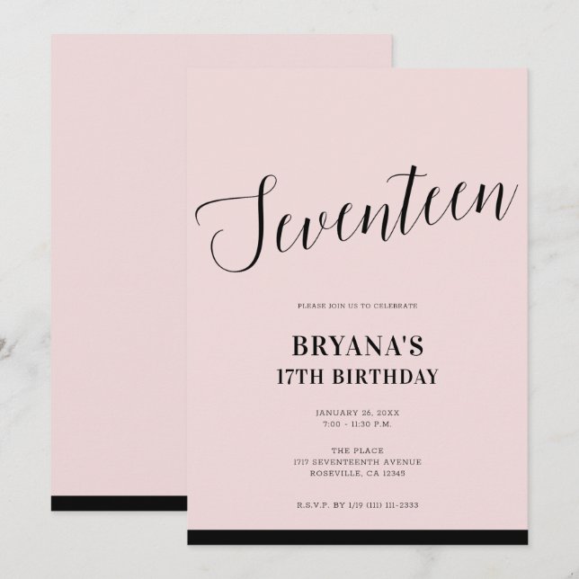 Pink Black Modern Minimal Script siebzehn 17 17. Einladung (Vorne/Hinten)