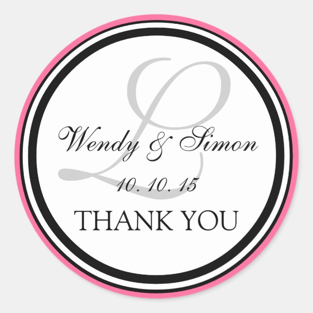 Pink Black Monogram L Wedding Danke Runder Aufkleber (Vorderseite)