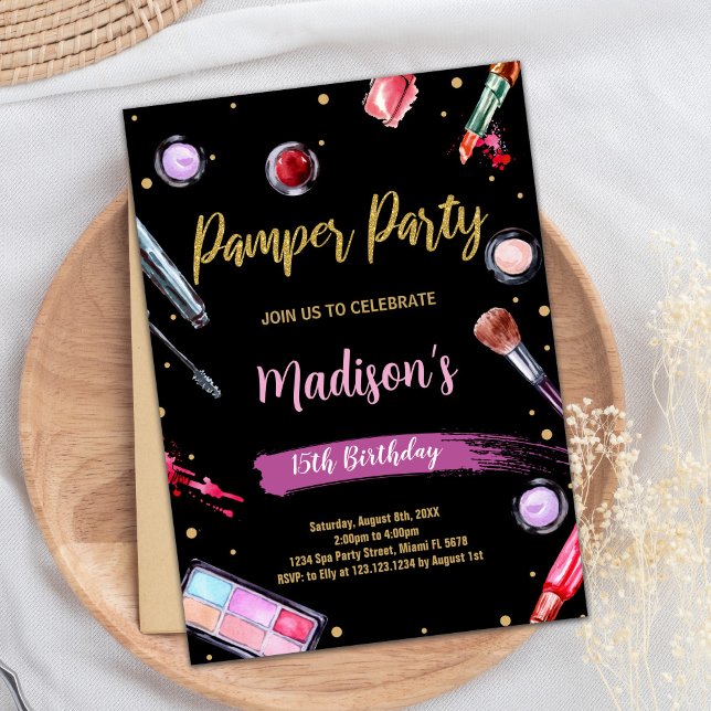 Pink Black Pamper Party Geburtstagseinladungen Einladung (Pink Black Pamper Party Birthday Invitations)