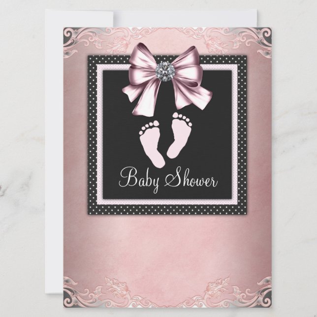 Pink Black Pink Footprints Baby Dusche Einladung (Vorderseite)