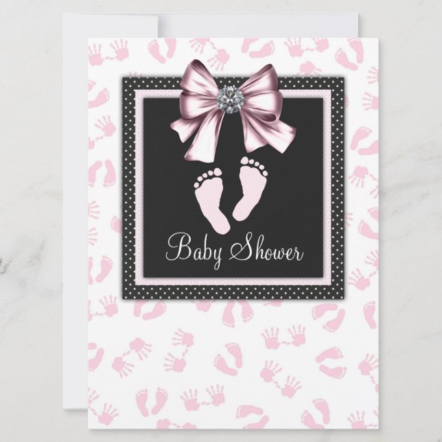 Pink Black Pink Footprints Baby Dusche Einladung (Vorderseite)