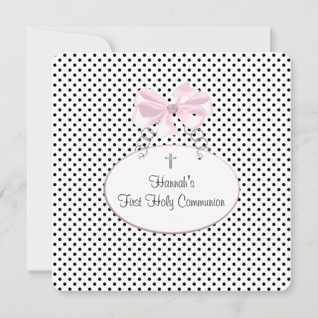 Pink Black Polka Dot Cross Girls Erste Kommune Einladung (Vorderseite)