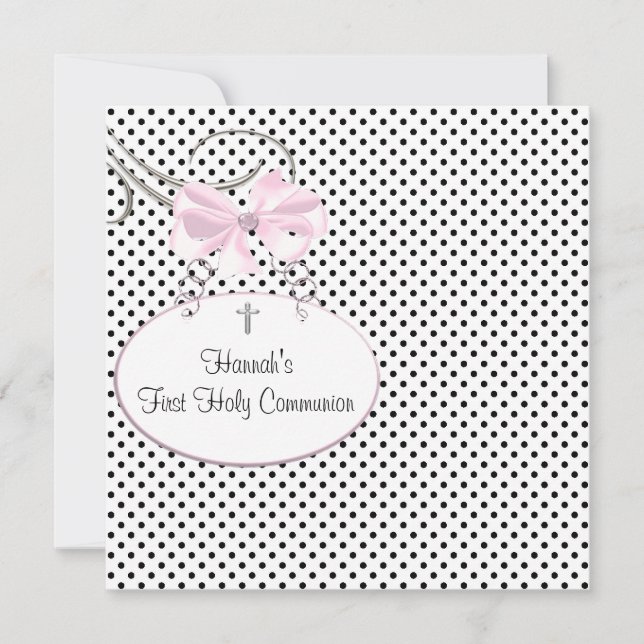 Pink Black Polka Dot Cross Girls Erste Kommune Einladung (Vorderseite)