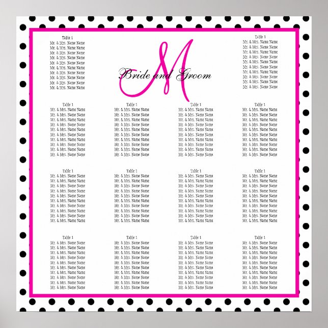 Pink Black Polka Dots Hochzeitsdiagramm Poster (Vorne)