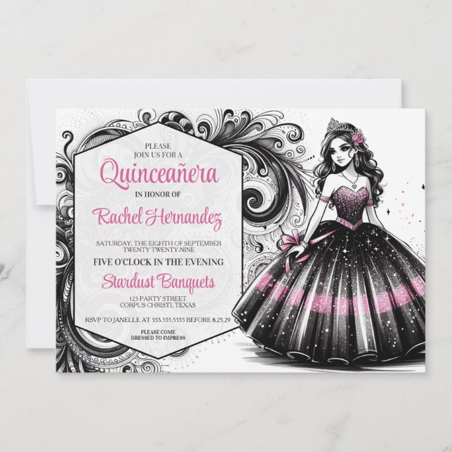 Pink & Black Quinceñera Girl Einladung (Vorderseite)