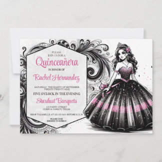 Pink & Black Quinceñera Girl Einladung
