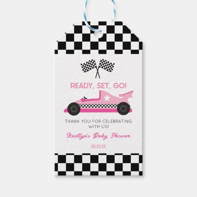 Pink Black Race Auto Ready Set Go Baby Dusche Geschenkanhänger (Vorderseite)