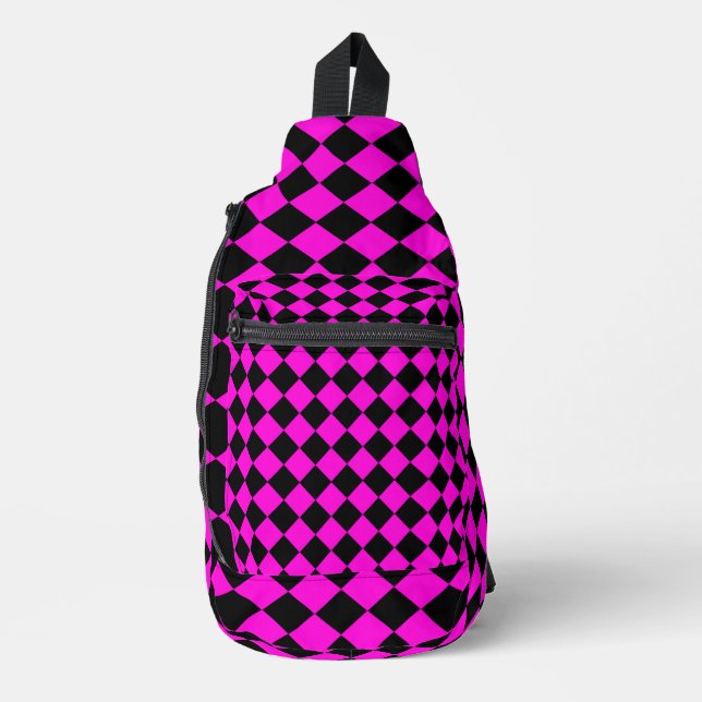 Pink Black Schachbrett Diamond Pattern Crossbody Bag (Vorderseite)