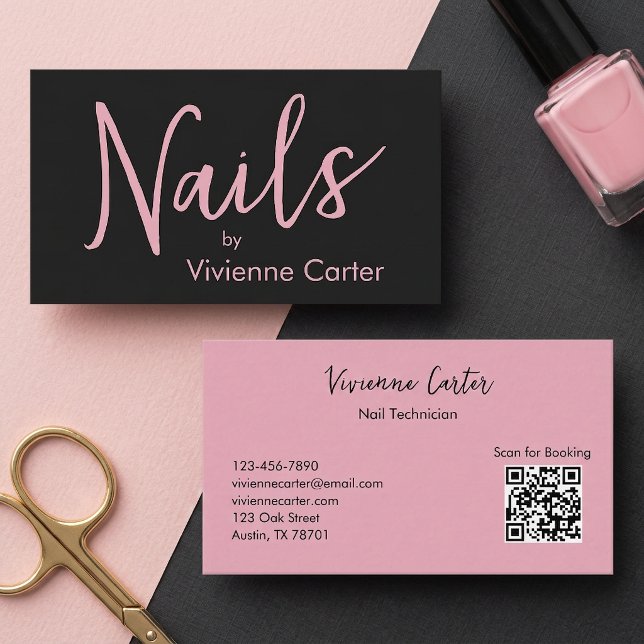 Pink Black Script Nagelstudio Visitenkarte (Pink Black Script Nail Technician Salon Business Card)