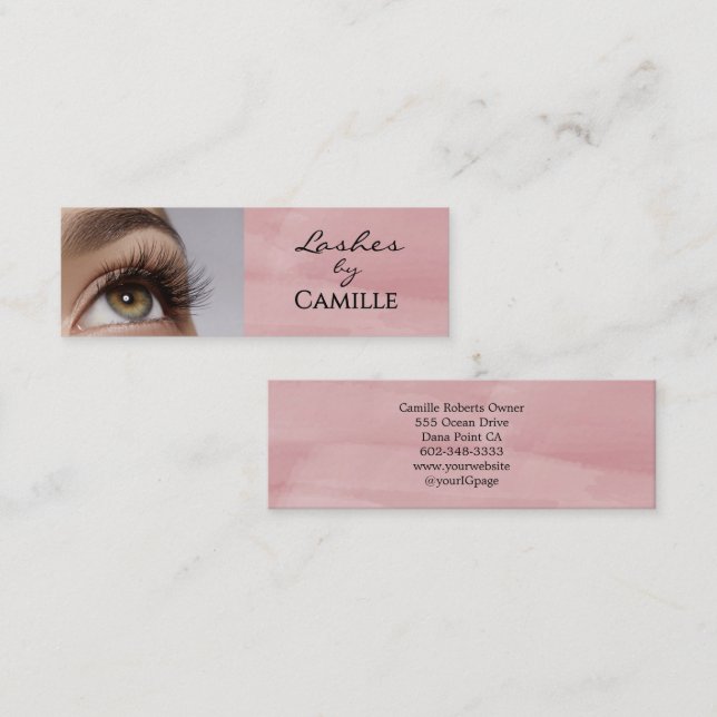 Pink Black Script Photo Lashes Mini Business Card Visitenkarte (Vorne/Hinten)