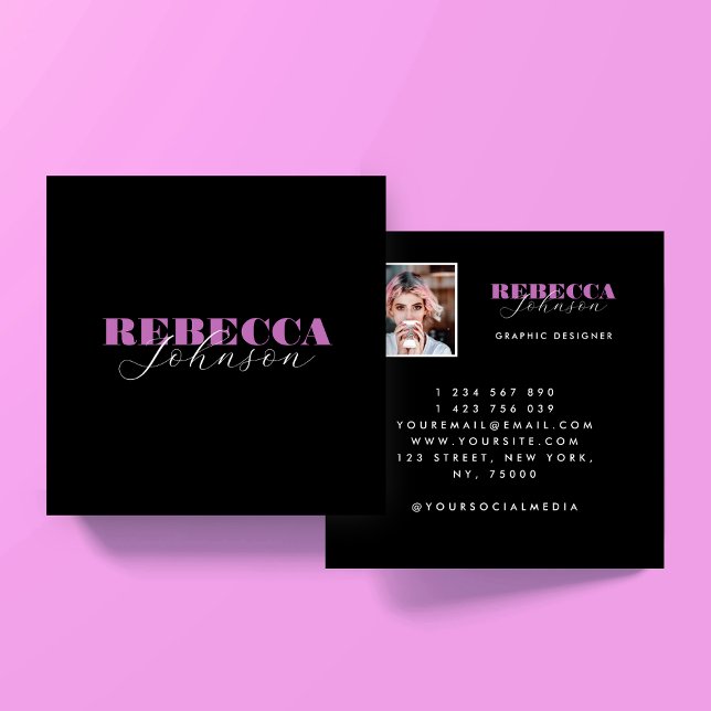 Pink & Black Script Photo Square Business Card Quadratische Visitenkarte (Von Creator hochgeladen)