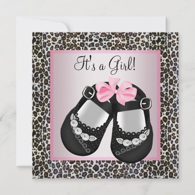 Pink Black Shoes Pink Leopard Baby Girl Dusche Einladung (Vorderseite)