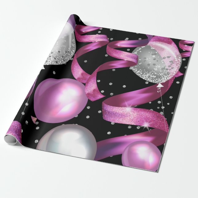 Pink Black Silver Glitzer Sweet 16 Birthday Party Geschenkpapier (Ungerollt)