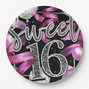Pink Black Silver Glitzer Sweet 16 Birthday Party Pappteller
