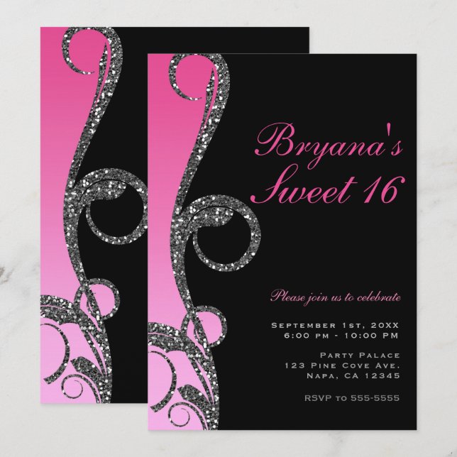 Pink Black Silver Glitzer Swirl Sweet 16 Party Einladung (Vorne/Hinten)