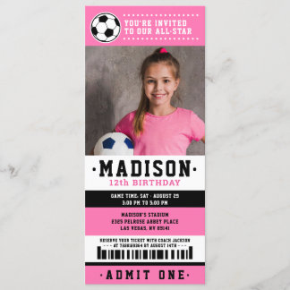 Pink Black Soccer Ticket Geburtstagsparty Foto Einladung