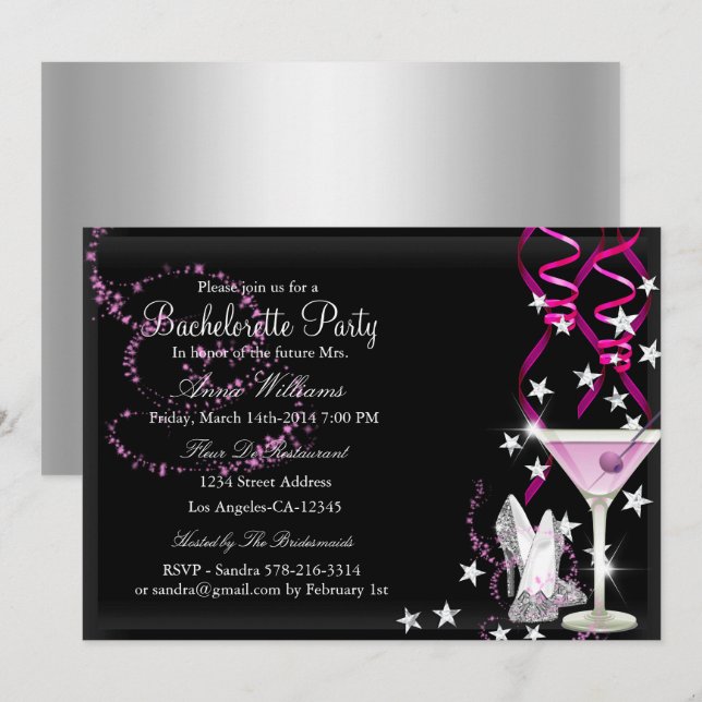 Pink Black Sparkle Junggeselinnen-Abschied laden e Einladung (Vorne/Hinten)