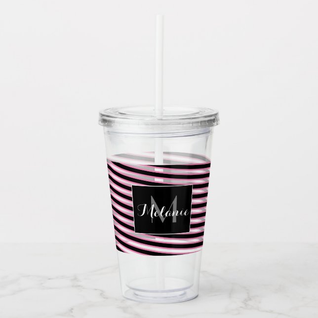 Pink Black Spiral Ribbon Streifen Monogram Custom Acryltrinkbecher (Vorderseite)