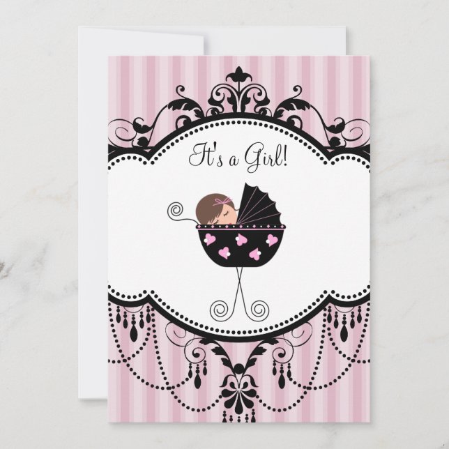 Pink Black Stripes Baby Girl Douche Invitations (Devant)
