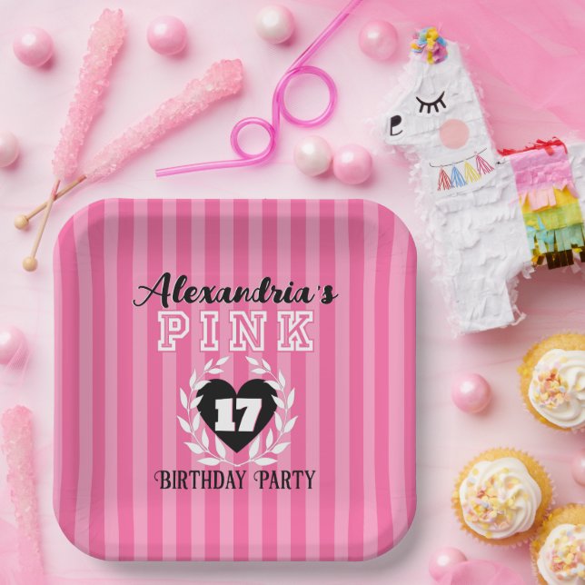 PINK Black Stripes Girly Birthday/Pajama Party Pappteller (Party)
