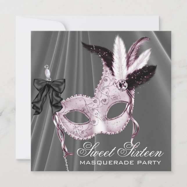 Pink Black Sweet 16 Masquerade Party Einladung (Vorderseite)