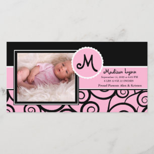 Pink & Black Swirl Baby Girl Birth Ankündigung
