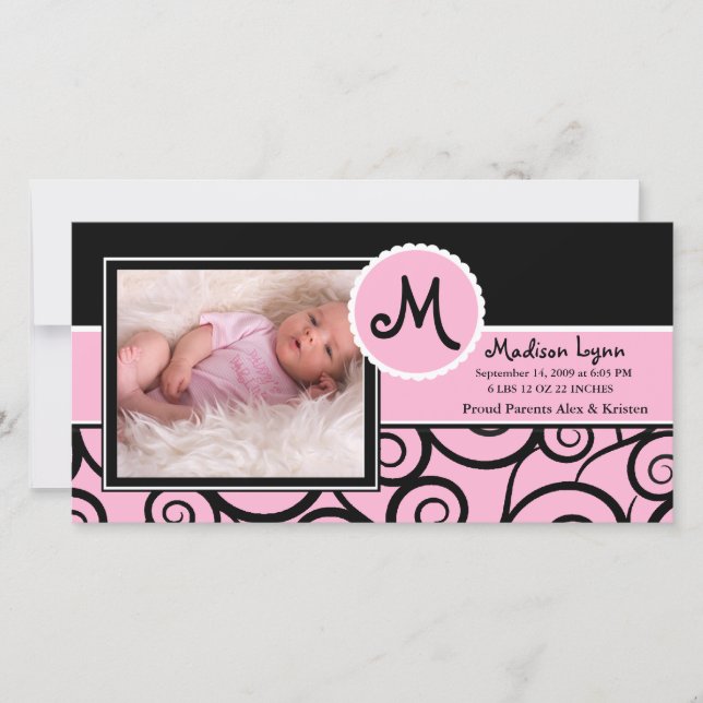 Pink & Black Swirl Baby Girl Birth Ankündigung (Vorderseite)