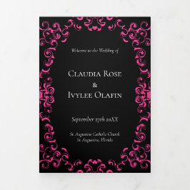 Pink Black Swirl Gothic Wedding Dreifach-gefaltete Programmkarte