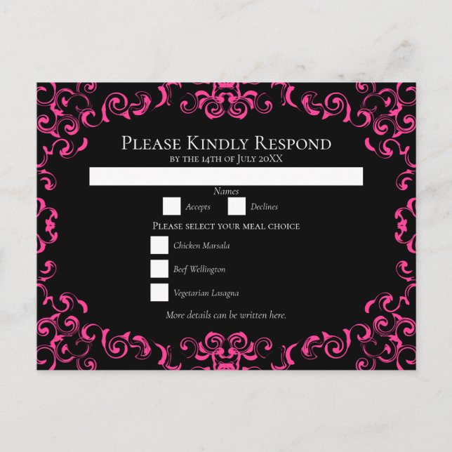 Pink Black Swirl Gothic Wedding Feiertagspostkarte (Vorderseite)