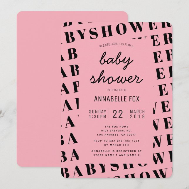 Pink Black Trendy Moderne Babydusche Einladung (Vorne/Hinten)