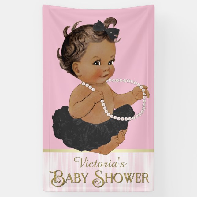 Pink Black Tutu Pearl Ethnic Girl Baby Dusche Banner (Vertikal)