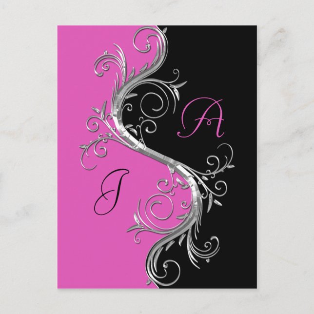 Pink Black Verziert Silver Wirbel Save the Date Ankündigungspostkarte (Vorderseite)