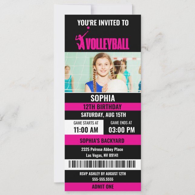 Pink Black Volleyball Ticket Geburtstag Foto Einladung (Vorderseite)