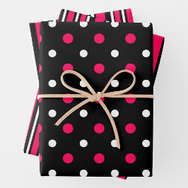 Pink, Black & White Fun Stripes & Polka Dots Geschenkpapier Set
