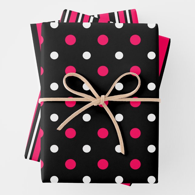 Pink, Black & White Fun Stripes & Polka Dots Geschenkpapier Set (Pink, Black & White Fun Stripes & Polka Dots Wrapping Paper Sheets)