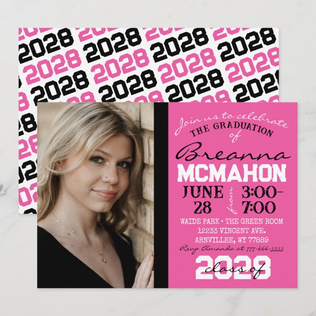 Pink, Black & White Graduation Photo Invitation (Devant / Derrière)